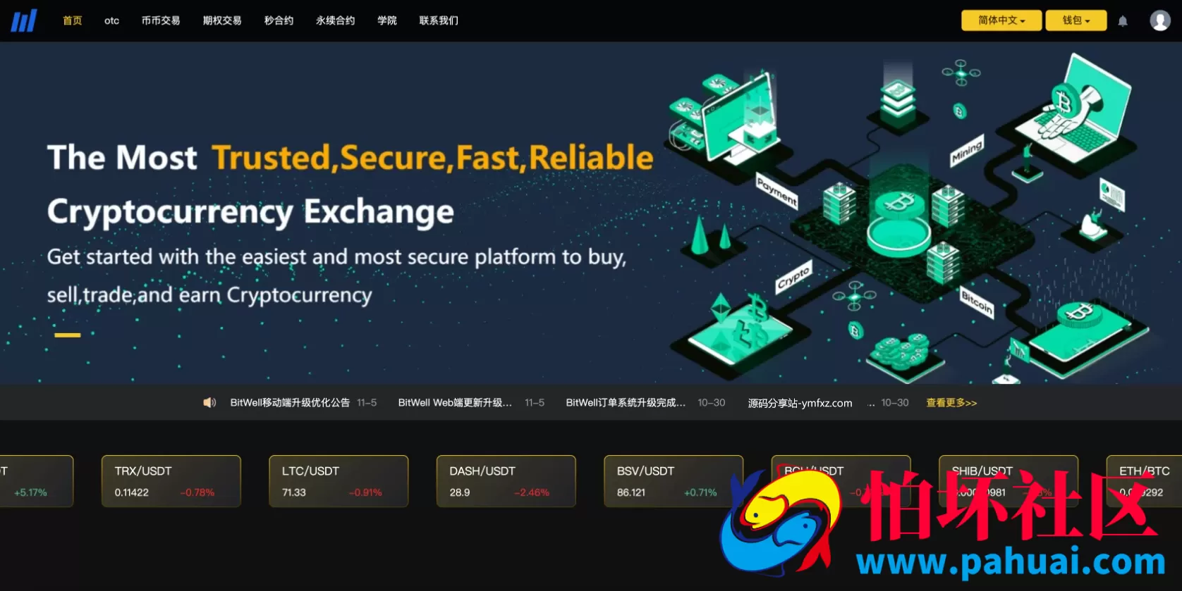 多语言BieWell虚拟币交易所系统源码 OTC永续合约 期权交易 BTC币币交易 秒合约交易 申购 矿机 带有风控 代理渠道商